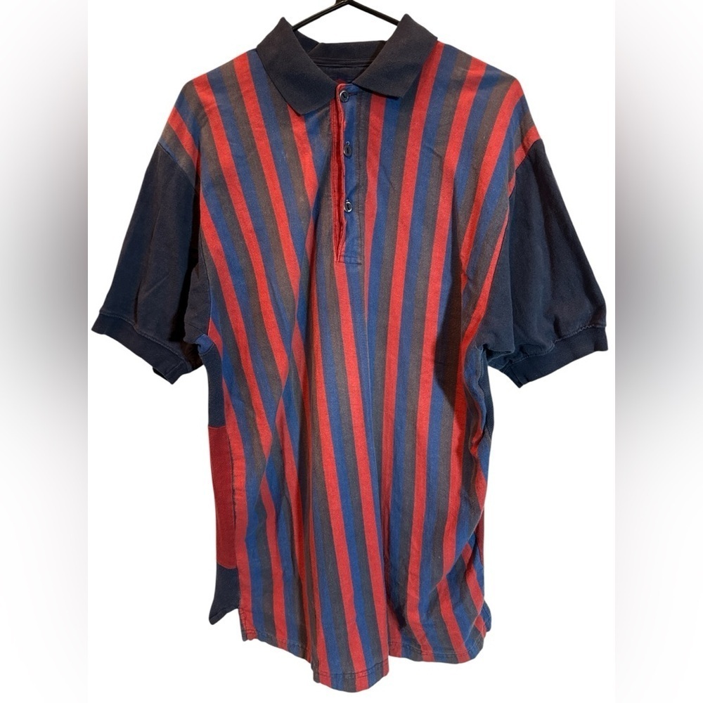 Vtg 90s M. E. SPORT Short Sleeve Polo Color Block Navy Burgundy Pattern No Tag
